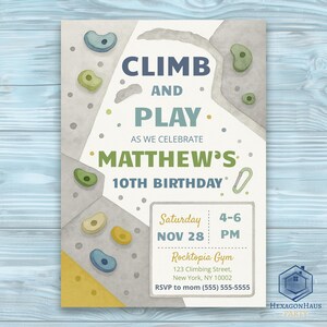 May include: A rectangular birthday invitation card featuring a climbing wall theme with colorful handholds, a carabiner, and text that reads CLIMB AND PLAY AS WE CELEBRATE MATTHEW'S 10TH BIRTHDAY, with event details for Saturday, Nov 28, 4-6 PM at Rocktopia Gym.