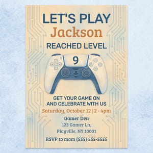 May include: A gaming-themed invitation card with the text "LET'S PLAY Jackson REACHED LEVEL 9". The design features a white and blue game controller illustration. The invitation includes event details: Saturday, October 12, 2-4pm, Gamer Den, and an RSVP phone number.