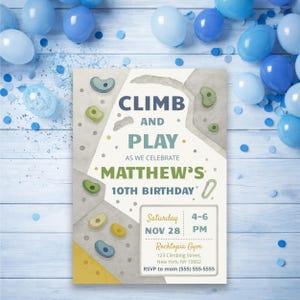May include: A rectangular birthday invitation card featuring a climbing wall illustration with colorful handholds. The text reads: CLIMB AND PLAY AS WE CELEBRATE MATTHEW'S 10TH BIRTHDAY. Includes event details for Saturday, Nov 28, 4-6 PM at Rocktopia Gym.