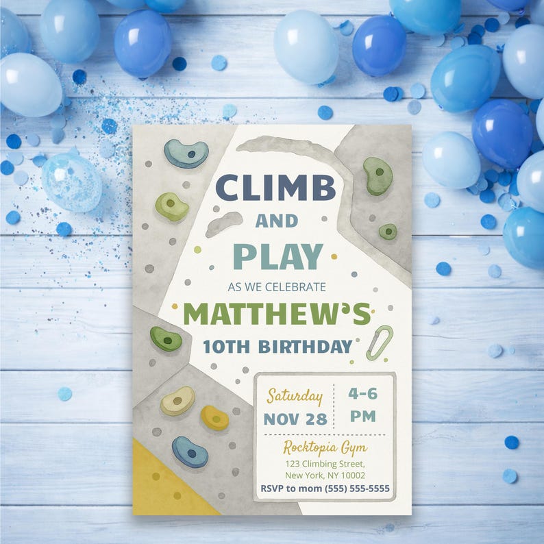 May include: A rectangular birthday invitation card featuring a climbing wall illustration with colorful handholds. The text reads: CLIMB AND PLAY AS WE CELEBRATE MATTHEW'S 10TH BIRTHDAY. Includes event details for Saturday, Nov 28, 4-6 PM at Rocktopia Gym.