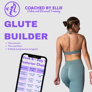 Könnte beinhalten: Ein Telefonbildschirm zeigt eine Trainingsroutine für ein Glute-Builder-Programm. Die Routine umfasst Übungen wie unterstütztes Klimmzug, Hüftstoß, Hamstring-Curl und Langhantel-Rudern. Das Training ist für Woche 6, Tag 1 und konzentriert sich auf die hintere Kette. Das Training umfasst Sätze, Wiederholungen und einen Prozentsatz von 1RM.