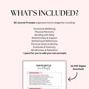 May include: A digital download graphic with the text "WHAT'S INCLUDED?" lists 80 journal prompts organized into 8 categories, including Emotional Wellbeing and Gratitude & Positivity. The image also shows a sample journal page and text "A4 PDF Digital Download."
