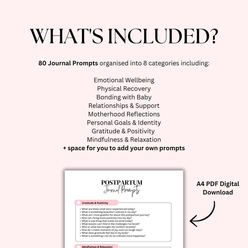 May include: A digital download graphic with the text "WHAT'S INCLUDED?" lists 80 journal prompts organized into 8 categories, including Emotional Wellbeing and Gratitude & Positivity. The image also shows a sample journal page and text "A4 PDF Digital Download."