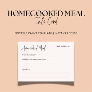 Tarjeta de información imprimible sobre comidas preparadas / Etiqueta editable de comida casera para paquetes de cuidados y posparto
