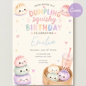 Geburtstagseinladung mit knödelartigem Motiv | Aquarell-Kawaii-Kinderparty (Canva-Vorlage)