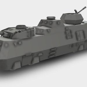 May include: A gray, low-poly model of a military vehicle with multiple turrets and gun barrels. The vehicle has a boxy design with a sloped front and appears to be a tank or armored personnel carrier.