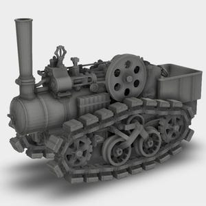 May include: A grey model of a steam-powered tractor, featuring a tall smokestack, intricate machinery, and caterpillar tracks. The design includes a small cargo area and a large flywheel. The style evokes vintage industrial machinery.
