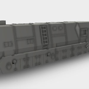 Puede incluir: Una locomotora de tren modelo gris con detalles, incluyendo una escalera, ventilaciones y varios paneles. El tren tiene un diseño cuadrado y parece ser un modelo a escala, mostrando los intrincados detalles de un tren real.