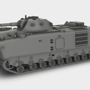 Könnte beinhalten: Ein graues gepanzertes Fahrzeug mit Turm, Kanone und Ketten. Das Fahrzeug hat einen rechteckigen Körper mit abgeschrägter Vorder- und Rückseite. Die Ketten sind unten sichtbar. Für militärische Zwecke konzipiert.