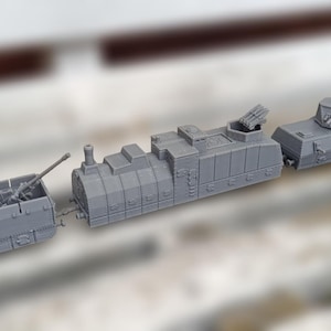 May include: A gray model train with multiple cars, including a locomotive and cars with mounted weaponry. The train cars are connected and feature detailed designs, suggesting a military or historical theme. The model is made of a solid material.