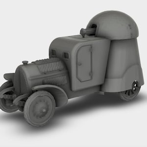 Può includere: Modello grigio di un'autoblindo in stile vintage. Il veicolo presenta una torretta arrotondata con un cannone, una piccola porta e ruote a raggi. Il design ricorda i veicoli militari dei primi del XX secolo.