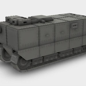 Könnte beinhalten: Graues, kastenförmiges Panzermodell mit einer Kanone, die sich von der Vorderseite erstreckt. Der Panzer hat ein genietetes Metallaussehen mit sichtbaren Ketten und Rädern. Das Design deutet auf ein historisches oder militärisches Thema hin.