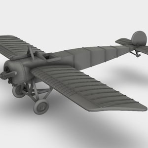 Könnte beinhalten: Ein graues Modellflugzeug mit Propeller, zwei Tragflächen und einem Heck. Die Flügel haben ein geripptes Design. Das Flugzeug hat zwei Räder und ein kleines Cockpit. Das Modell ist im Vintage-Stil.