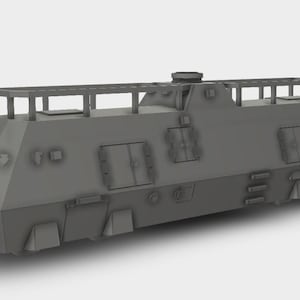 Peut inclure: Modèle gris et géométrique d'un train à la conception carrée. Le train a un toit plat avec une balustrade, plusieurs portes rectangulaires et une extrémité avant pointue. L'esthétique générale est industrielle.
