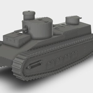Puede incluir: Un modelo a escala gris de un tanque con torretas múltiples, que presenta una torreta principal central con un cañón corto, una torreta secundaria más pequeña en la parte trasera y orugas detalladas a lo largo de los lados del casco blindado.