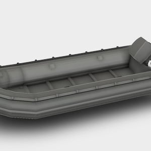 以下が含まれることがあります： グレーのインフレータブルボートと船外機。ボートはリブ付きのインテリアと丸みを帯びたインフレータブルハルを備えています。モーターは船尾に取り付けられており、水上での使用のために設計されています。