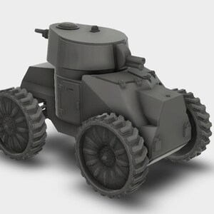 May include: A gray armored car model with large, treaded wheels. The vehicle has a turret and a gun, suggesting a military theme. The design is detailed, with visible panel lines and rivets.