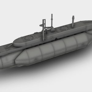 May include: A gray model of a submarine with a long, cylindrical body and a small, raised deck. The submarine has a periscope and several other small details.