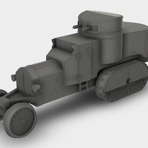 Puede incluir: Modelo gris de un vehículo blindado antiguo, con torreta, orugas y ruedas delanteras. El vehículo tiene un diseño cuadrado con detalles remachados, lo que sugiere un tema militar histórico. El modelo está sobre un fondo liso.