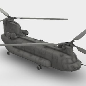 Op de afbeelding: Een grijs model van een Chinook-helikopter, met twee grote rotoren en een tandemrotorontwerp. Het model staat tegen een effen witte achtergrond en toont de gedetailleerde structuur en het ontwerp.