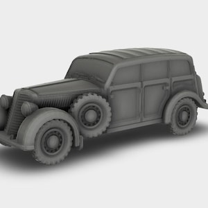 Peut inclure: Une voiture miniature grise avec une carrosserie en bois et un toit. La voiture a quatre portes et quatre roues. La voiture est une familiale.