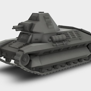 Puede incluir: Un modelo de tanque gris con torreta, cañón y orugas. El tanque tiene un cuerpo rectangular con la parte delantera y trasera inclinadas. El modelo es de color sólido y parece estar hecho de plástico o metal.