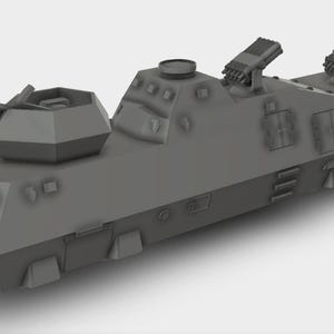 Op de afbeelding: Een grijs, low-poly model van een militair voertuig. Het voertuig heeft een geschutskoepel met een kanon, meerdere raketwerpers en een hoekig ontwerp. Het model staat tegen een witte achtergrond.