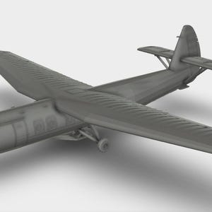 Può includere: Un modello grigio di un aereo vintage con una fusoliera lunga e stretta e un'unica deriva. L'aereo ha un'ampia apertura alare e un set di ali più piccole vicino alla coda.