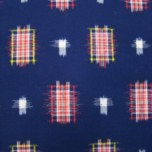 FREE SHIPPING in 2012 (USA only)...Vintage Japanese Wool Kimono fabric panel - Navy with Red, White and Yellow Cross-Hatch - 60 inch lengths