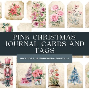 Pink Christmas Junk Journal CARDS and TAGS Digital Download to Print Shabby Chic Ephemera Kit
