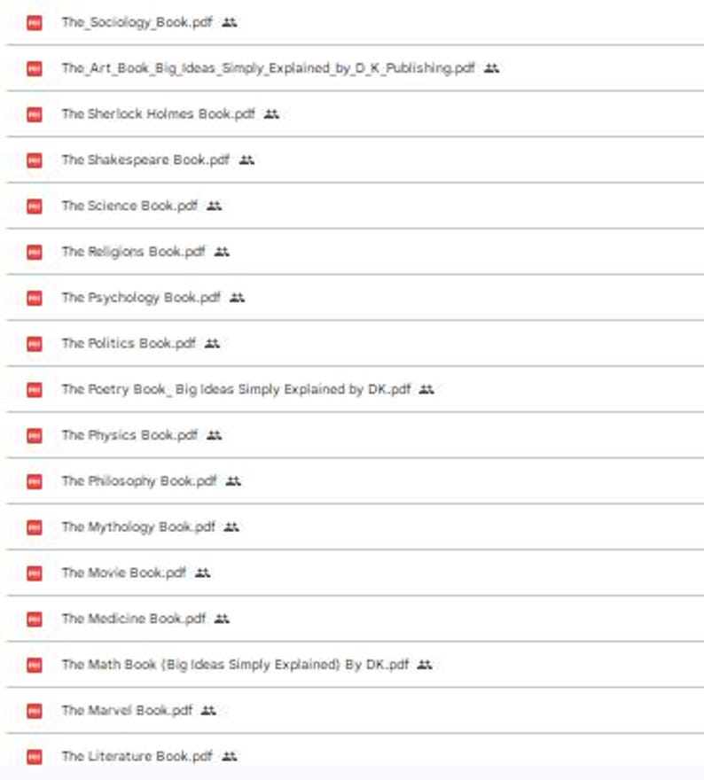 May include: A list of PDF files with titles related to various subjects, such as sociology, art, literature, and science. Each title includes the phrase "Big Ideas Simply Explained" and the name "DK Publishing".
