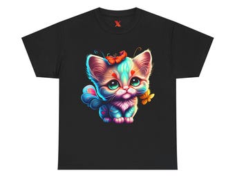 Colorful Cat Butterfly Unisex Tee, Cat Lover Gift, Vibrant Animal Graphic Shirt, Fun Pet Owner Clothing, Nature Inspired Apparel