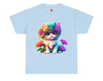 Camiseta colorida para amantes de los gatos: camiseta unisex de algodón grueso, camiseta con estampado de gatito adorable, regalo para dueños de mascotas, top con estampado animal, ropa para mamás y papás gatunos.
