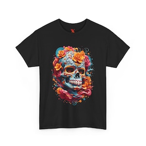 Levendig T-shirt met schedelafbeelding voor Day of the Dead, uniseks zwaar katoenen T-shirt, vrijetijdskleding, Halloweenfeest, cadeau voor de stoutmoedigen