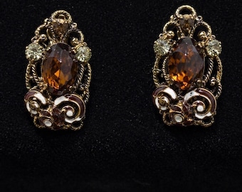 Pendientes de clip sin marca para mujer, talla única, color ámbar, marrón claro, estilo vintage, filigrana y esmalte.