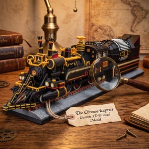 May include: A black and gold 3D printed model train titled The Chronos Express, featuring intricate mechanical details, a front cowcatcher, and a magnifying glass resting on its side. A paper tag attached with twine reads The Chronos Express - Custom 3D Printed Model.