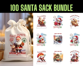 Puede incluir: Un conjunto de 100 diseños digitales para sacos de Santa Claus. Los diseños presentan varios temas navideños, que incluyen Santa Claus, renos, trenes y muñecos de nieve. Los diseños están en formato PNG y son perfectos para crear sacos de Santa Claus personalizados.