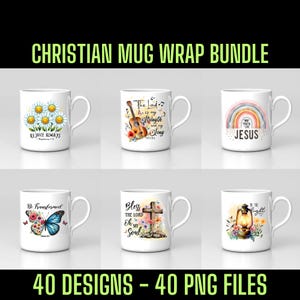 Puede incluir: Un conjunto de 40 diseños de envolturas para tazas cristianas con varias citas e imágenes inspiradoras. Los diseños incluyen un arcoíris con la palabra "Jesús", una margarita con las palabras "Regocijaos siempre", una guitarra con las palabras "El Señor es mi fuerza y mi canción", una mariposa con las palabras "Sed transformados", una cruz con las palabras "Bendice al Señor Oh mi alma", y una linterna con las palabras "Sed la luz".