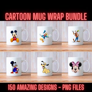Paquete de envolturas de taza de dibujos animados clásicos PNG, 150 diseños asombrosos, 150 archivos PNG, paquete perfecto para impresión por sublimación de tazas