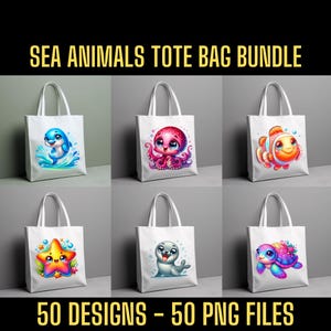 Sea Animals Tote Bag Png-Bundle, 50 einzigartige Designs, 50 PNG-Dateien, perfektes Bündel für den Sublimationsdruck