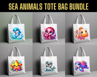 Sea Animals Tote Bag PNG Bundle: 50 Sublimation Designs (Digital Download)