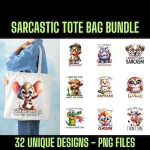 Könnte beinhalten: Ein Set mit 10 Designs für Tragetaschen, die verschiedene Tiere mit sarkastischen Sprüchen zeigen. Die Designs beinhalten eine Maus, eine Kuh, eine Katze, eine Eule, ein Krokodil, ein Huhn und eine Kuh. Der Text auf den Taschen enthält Sätze wie "Psst... Keiner interessiert sich", "Ich habe keine Ahnung, was ich tue", "Ich spreche fließend Sarkasmus", "Perfekt", "Wenn du meine Familie treffen würdest, würdest du verstehen", "Guten Morgen! Cluckers", und "Es besteht eine 99%ige Chance, dass es mir egal ist".