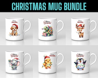 Puede incluir: Seis tazas de cerámica blanca con diseños navideños. Cada taza muestra un animal diferente: un cachorro, una tortuga, un ciervo, un elefante, un pollito y un pingüino, todos adornados con elementos festivos y la inscripción "Merry Christmas". El texto "CHRISTMAS MUG BUNDLE" también está presente.