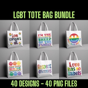 Könnte beinhalten: Ein Set mit 10 Tragetaschen mit verschiedenen LGBTQ+-Designs. Die Designs beinhalten Sätze wie "Liebe besiegt alles", "Ich bin das Regenbogen-Schaf der Familie", "Out und Proud", "Respekt vor Unterschieden" und "Liebe kennt keine Labels".