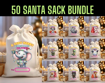 Puede incluir: Un conjunto de 50 diseños digitales para sacos de Papá Noel. Los diseños presentan una variedad de animales lindos, que incluyen un pingüino, una cebra, un reno y un gato. Los diseños son perfectos para crear regalos de Navidad personalizados.