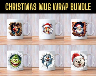 Puede incluir: Un conjunto de seis tazas de cerámica blanca con diferentes diseños navideños. Cada taza presenta un personaje que asoma de un muro de ladrillo roto. Los diseños incluyen un reno, un zorro, Papá Noel, el Grinch, Olaf de Frozen y un oso polar.