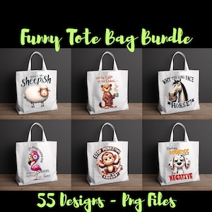 Könnte beinhalten: Ein Set aus sechs weißen Tragetaschen mit lustigen Tierillustrationen und Text. Die Taschen zeigen ein Schaf, einen Löwen, ein Pferd, einen Flamingo, einen Affen und einen Dalmatiner. Der Text auf den Taschen enthält Sätze wie "Sei nicht schüchtern", "Finde die Ruhe im Chaos", "Warum das lange Gesicht, Pferd?", "Wenn alles brennt, bin ich tot", "Hör auf, Affen zu machen", und "Ich wurde auf Geduld getestet, ich bin negativ".