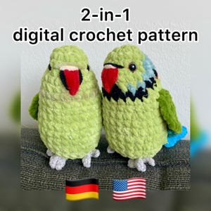 Puede incluir: Dos juguetes de loro de ganchillo verde hechos a mano con picos rojos, detalles negros y patas grises. Los loros tienen alas verdes y plumas de cola azules. El texto de arriba dice "Patrón de ganchillo digital 2 en 1."