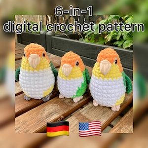 Patrón de crochet 6 en 1 de loro de cabeza roja (Amigurumi, PDF, DE/EN), incluye 3 subespecies de 2 tamaños cada una, Caique, fácil de coser.