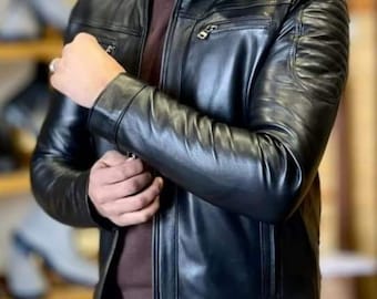 Men’s Black Genuine Leather Biker Jacket – Slim Fit Moto Style – Handmade Premium Quality